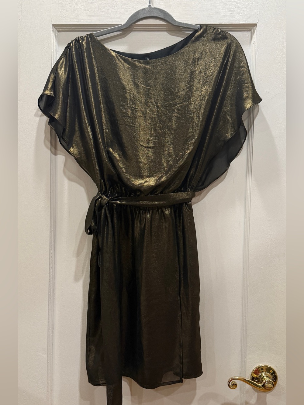 W118 by Walter Baker Metallic Gold and Black Belted Flutter Sleeve Mini Dress